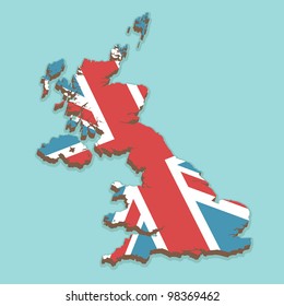 map of the united kingdom made from the union jack flag, on blue background