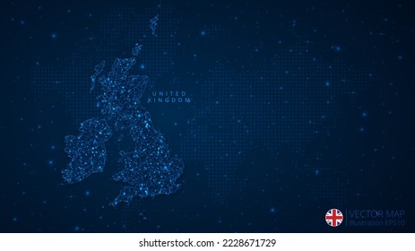 Map of United Kingdom modern design with polygonal shapes on dark blue background. Business wireframe mesh spheres from flying debris. Blue structure style vector illustration concept.