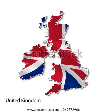 Map of the united kingdom with a national flag in 3d.