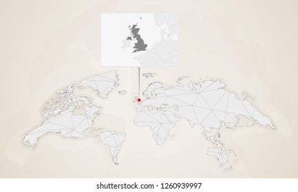 Map of United Kingdom with neighbor countries pinned on world map. Abstract triangles World Map.