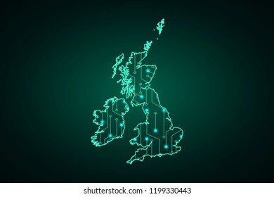 Map of United Kingdom, network line, design sphere, dot and structure on dark background with Map United Kingdom, Circuit board. Vector illustration. Eps 10