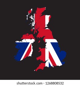 Map of United Kingdom with an official flag. Illustration on black background