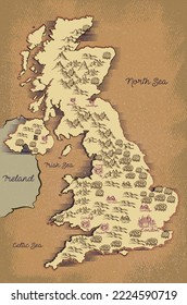 Map of United Kingdom in the old style, brown graphics in retro fantasy style	