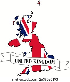 The map of the United Kingdom overlaid by the United Kingdom flag and with its name on a ribbon