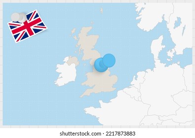 Map of United Kingdom with a pinned blue pin. Pinned flag of United Kingdom, vector illustration.