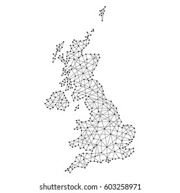 Map of United Kingdom from polygonal black lines and dots of vector illustration