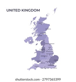 Map of UNITED KINGDOM with Regions Borders and Famous Cities