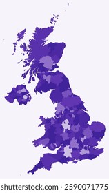 Map of United Kingdom with regions. Just a simple country border map with region division. Deep purple color palette. Blank United Kingdom shape with administrative division. Vector illustration.