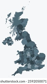 Map of United Kingdom with regions. Just a simple country border map with region division. Blue grey color palette. Plain United Kingdom shape with administrative division. Vector illustration.