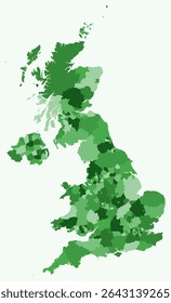 Map of United Kingdom with regions. Just a simple country border map with region division. Green color palette. Plain United Kingdom shape with administrative division. Vector illustration.