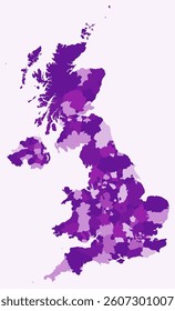 Map of the United Kingdom with regions. A simple country border map with regional divisions in a purple color palette. Vector illustration.