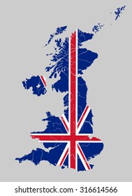 Map of the United Kingdom with rivers on the British flag. 