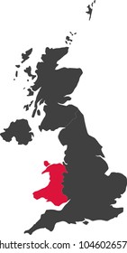 Map of United Kingdom split into individual countries. Highlighted Wales.
