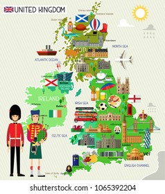 Map of United Kingdom and Travel Icons.United Kingdom Travel Map. Vector Illustration. 