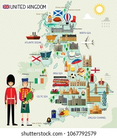 Map of United Kingdom and Travel Icons.United Kingdom Travel Map. Vector Illustration.