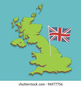 Map Of The United Kingdom With Union Jack Flag, No Gradients Or Transparencies