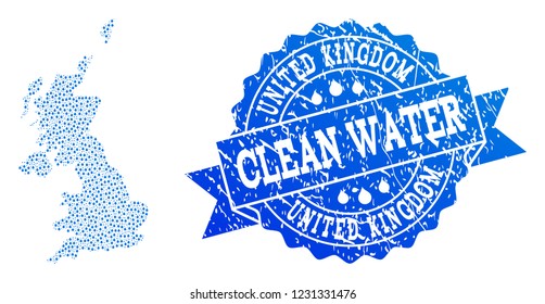 Map of United Kingdom vector mosaic and clean water grunge stamp. Map of United Kingdom created with blue water dews. Seal with grunge rubber texture for pure drinking water.