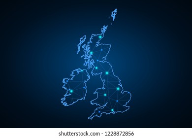 Map of United Kingdom. Wire frame 3D mesh polygonal network line, design sphere, dot and structure. communications map of United Kingdom. Vector Illustration EPS10.