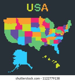 Map of United States of America in 8 bit pixel art style with Alaska and Hawaii. Color vector illustration