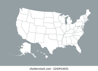 Map of the United States of America with administrative divisions in white color isolated on grey background. Vector illustration