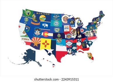 Map of the United States of America with administrative divisions with state flags isolated on white background. Vector illustration