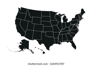 Map of the United States of America with administrative divisions in black color isolated on white background. Vector illustration