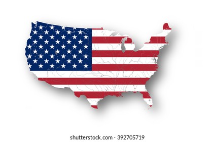 Map of the United States of America with American flag. Colors of flag are proper. Rivers and lakes are shown.