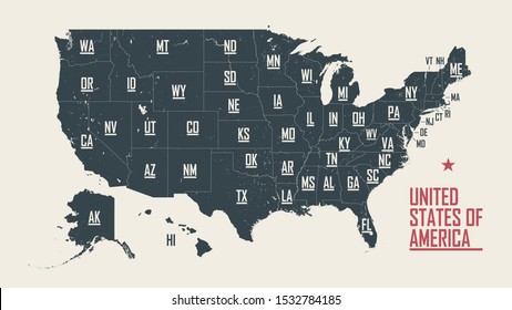 Map of the United States of America, with borders and abbreviations for US states, Detailed vector illustration