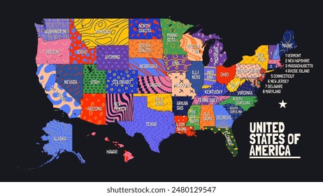 Map of the United States of America, with borders and state names, Poster of USA geographic and political map with bizarre motley pattern, Detailed vector illustration