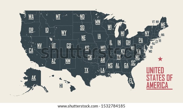 Map of the United\
States of America, with borders and abbreviations for US states,\
Detailed vector\
illustration