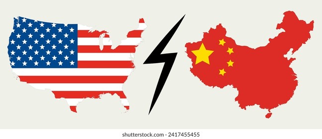 Mapa de los Estados Unidos de América y China en el interior de la bandera. Estados Unidos vs China. 