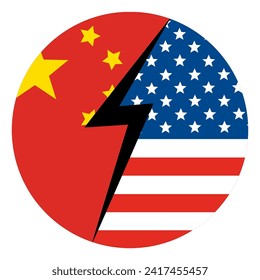 Map of United States of America and China on flag inside. US vs China in circle. 