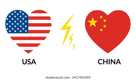 Map of United States of America and China on flag inside. US vs China in heart shape. 