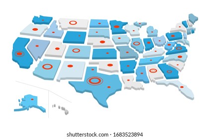 Map of the United states of America with circles and dots. Vector illustration