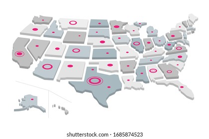 Map of the United states of America with circles and dots. Vector illustration