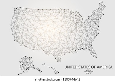 A map of United States of America consisting of 3D triangles, lines, points, and connections. Vector illustration of the EPS 10.