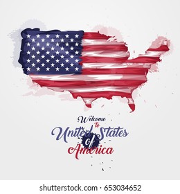 Map of United States of America with the decoration of the national flag. Symbol, poster, banner USA. Style watercolor drawing. America map with national flag. Vector illustration.