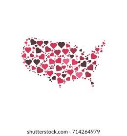 map of united states of america filled with silhouettes of hearts of different sizes and colors isolated on a white background