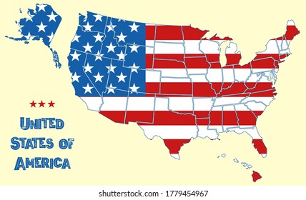 Map of the United States of America. Flag of USA throughout territory with borders of all states, white stars and red stripes on national territory, american geography wallpaper vector background