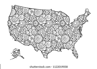 Map of United States of America with flowers. Black and white vector illustration, coloring page for adults