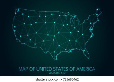 Map of United States of America - With glowing point and lines scales on the dark gradient background, 3D mesh polygonal network connections.Vector illustration eps10.