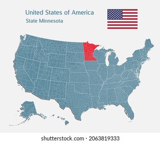 Map United states of America - high detailed illustration map divided on states. Blank USA country isolated on white background. Vector template state Minnesota for website, pattern, infographic