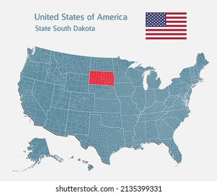 Map United states of America - high detailed illustration map divided on states. Blank USA country isolated on white background. Vector template state South Dakota for website, pattern, infographic