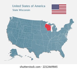 Mapa Estados Unidos de América - mapa detallado de ilustraciones de alto nivel dividido en estados. País blanco aislado de EE.UU. con un fondo blanco. Estado de plantilla de vectores Wisconsin para sitio web, patrón, infografía