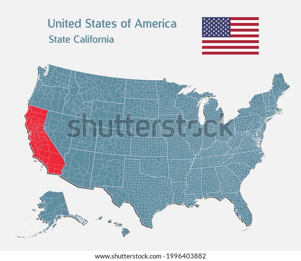 Map United states of America - high detailed
illustration map divided on states. Blank USA country isolated on
white background. Vector template state California for website,
pattern, infographic