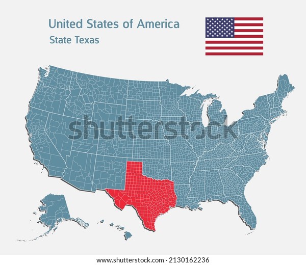 Map United states of America - high detailed
illustration map divided on states. Blank USA country isolated on
white background. Vector template state Texas for website, pattern,
infographic