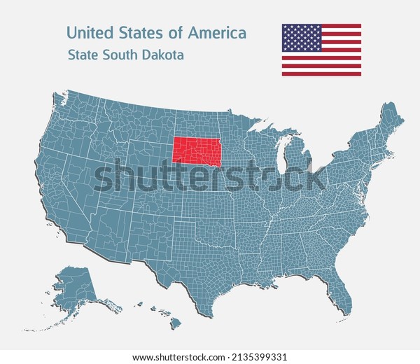 Map United states of America - high detailed
illustration map divided on states. Blank USA country isolated on
white background. Vector template state South Dakota for website,
pattern, infographic