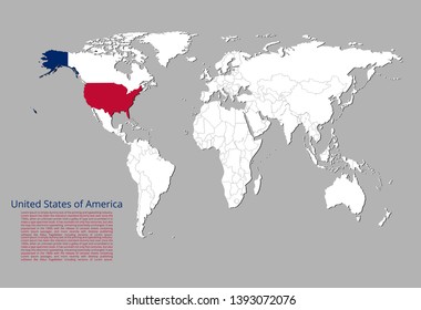 Map of the United States of America highlighted in blue and red colors on the world map