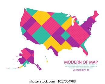 Map of United States of America - Modern Geometric dots and lines background, colorful carving art - blue, yellow and violet. Vector illustration eps 10.