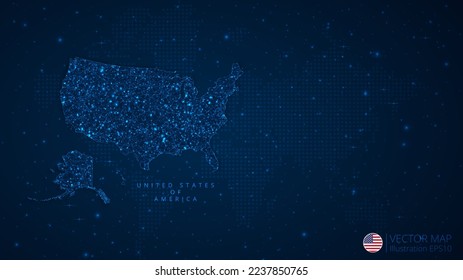 Map of United States of America modern design with polygonal shapes on dark blue background. Business wireframe mesh spheres from flying debris. Blue structure style vector illustration concept.